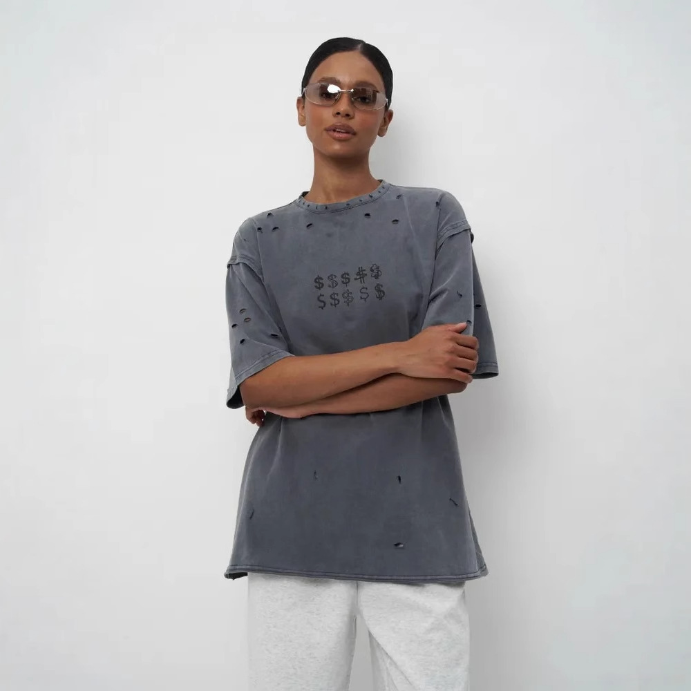 ジェンダーレスファッション ダメージ加工 ドル記号 ジェンダーレス Tシャツ