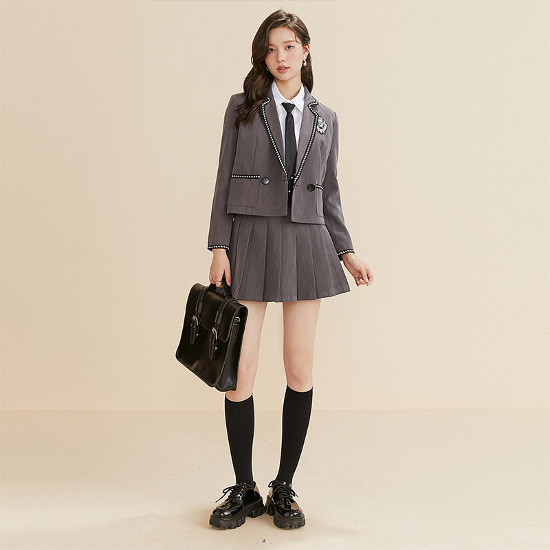 上品パール装飾テーラードジャケット学生風制服　4点セット