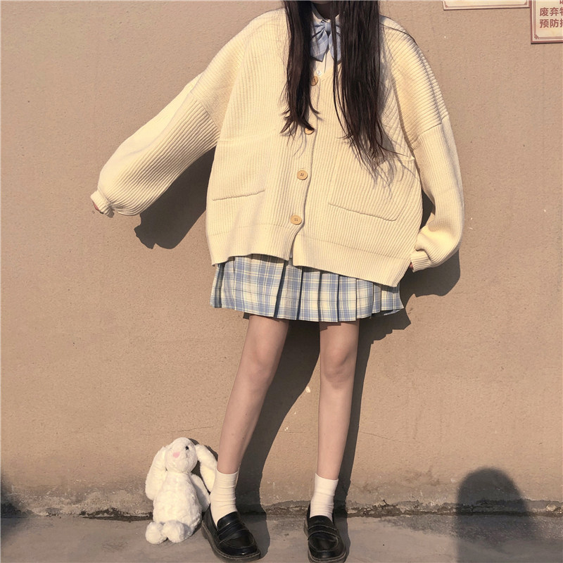 リボンタイ付き学園風カーディガンプリーツスカートセット