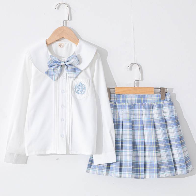 キッズ制服　ピンク／ブルー　チェック柄プリーツスカート＆リボンセット