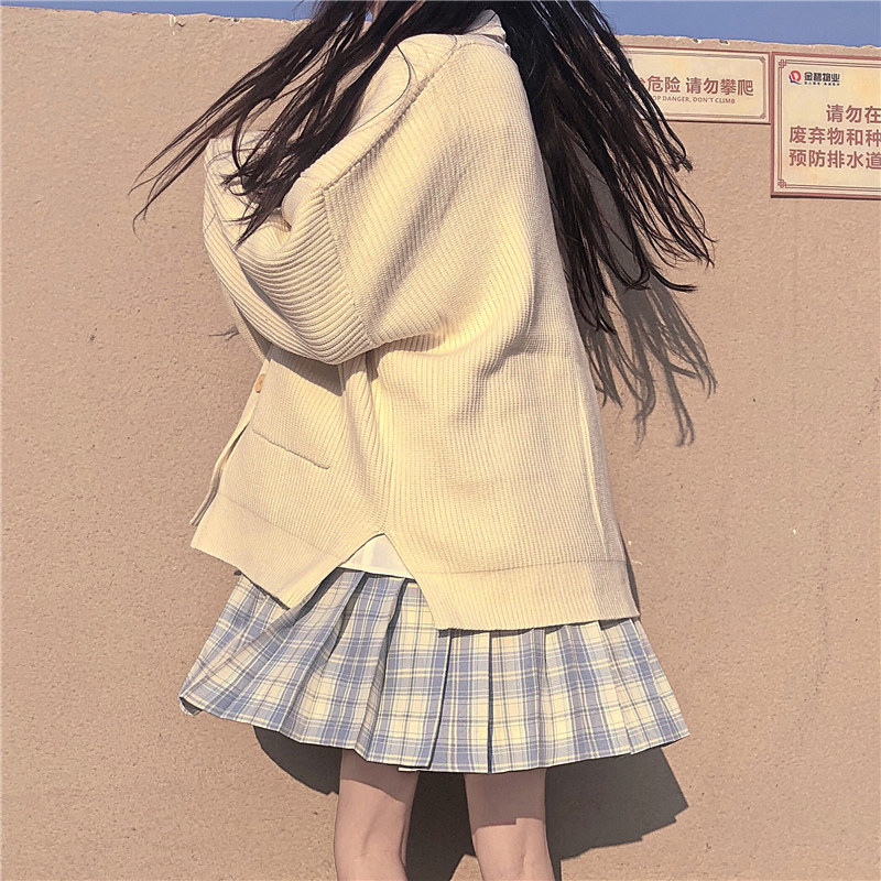 リボンタイ付き学園風カーディガンプリーツスカートセット