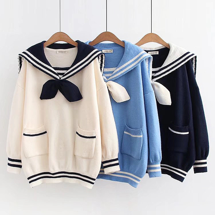 制服コスプレ 二色配色セーラーカラーニットトップス