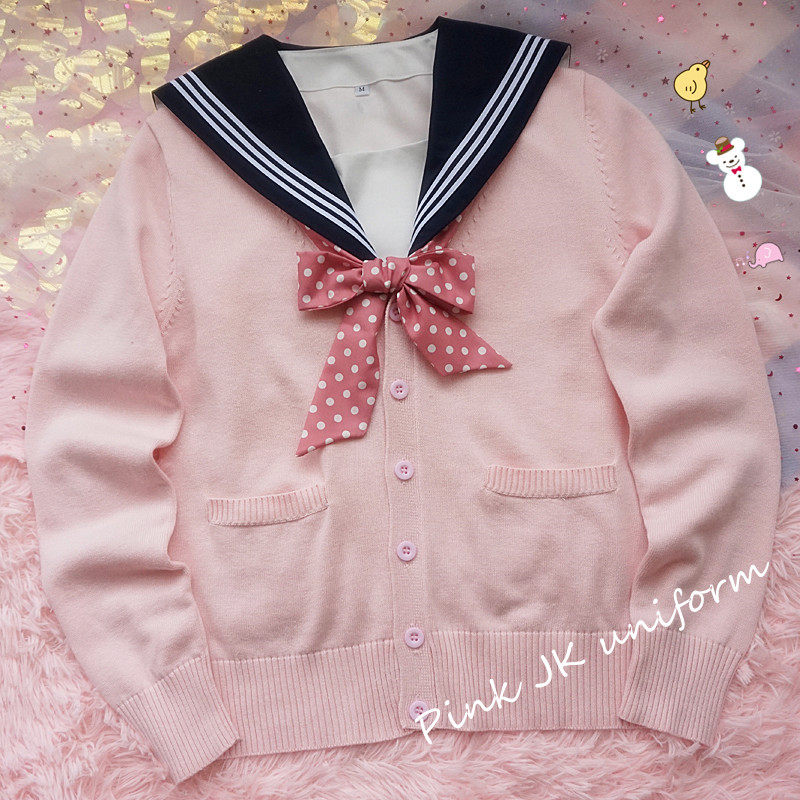 セーラー襟付きニットカーディガン水玉リボン制服風