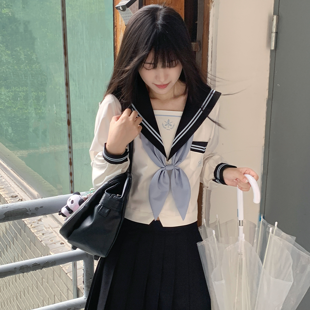 ブルー×ネイビー 清楚系セーラー服セットアップ長袖ブラウス付き