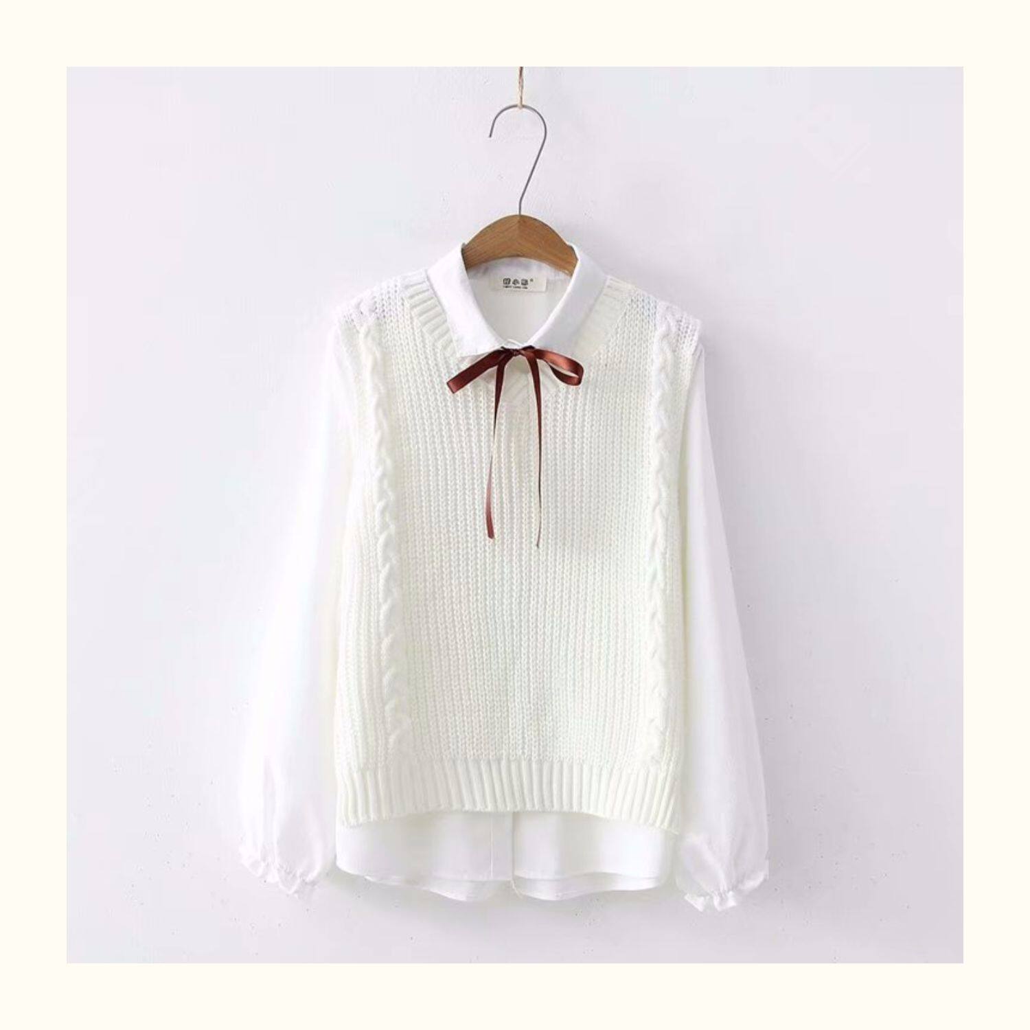 ケーブル編みニットベスト リボン付きフリル袖ブラウス 制服セット