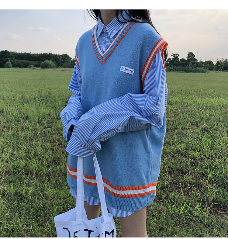 ストライプシャツ付き　ゆったりラインニットベストセット