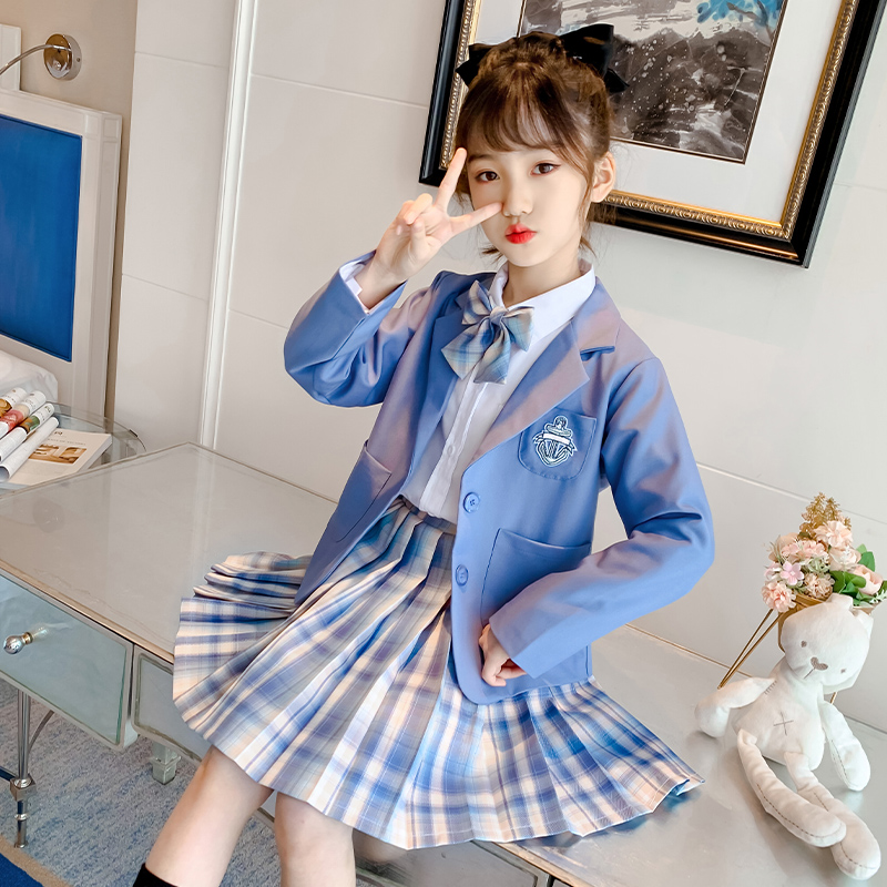 キッズ制服　ピンク／ブルー　チェック柄プリーツスカート＆リボンセット