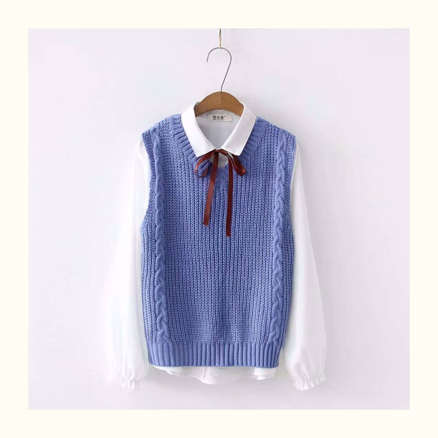 ケーブル編みニットベスト リボン付きフリル袖ブラウス 制服セット