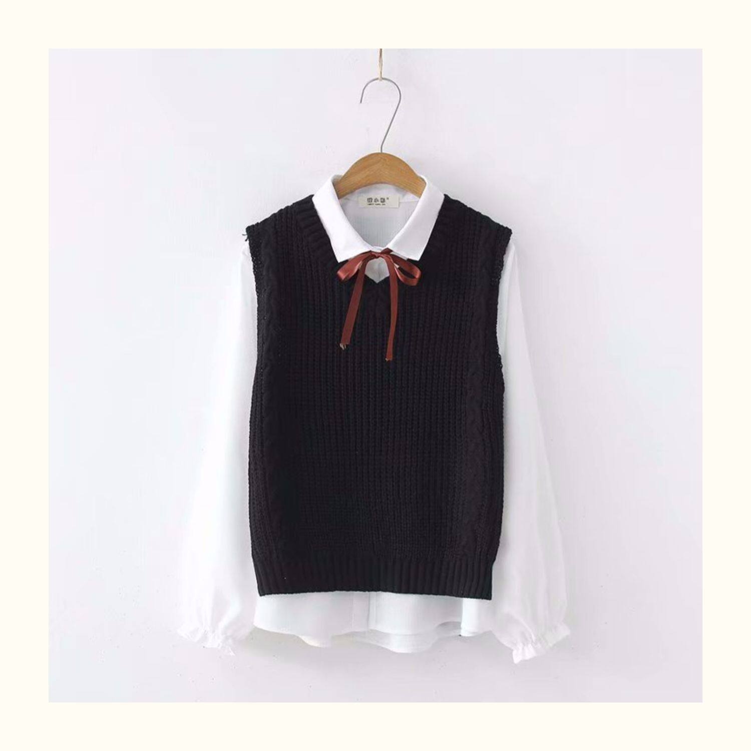 ケーブル編みニットベスト リボン付きフリル袖ブラウス 制服セット