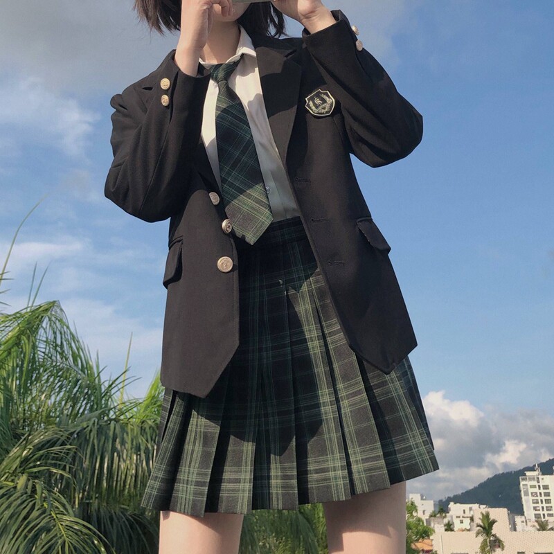 ブレザー制服セット　グリーンチェック柄プリーツスカート制服四点セット