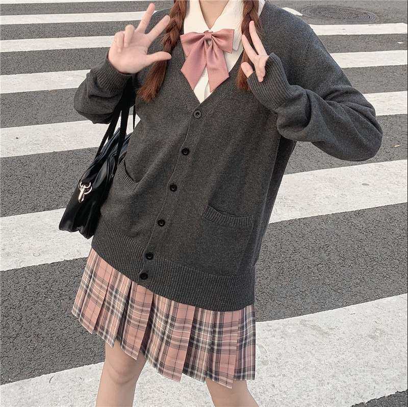 学園風ニットカーディガンとチェックスカートセット