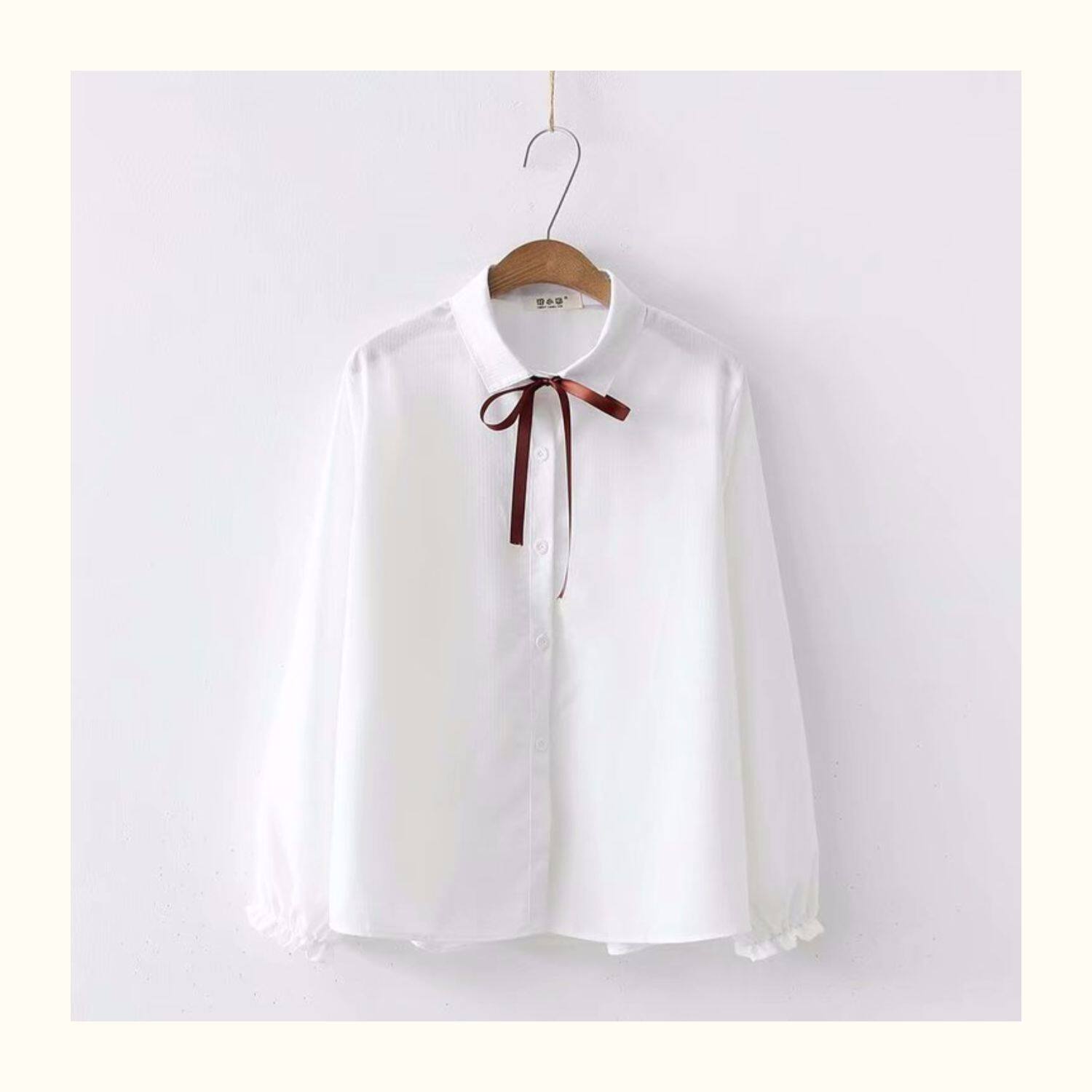 ケーブル編みニットベスト リボン付きフリル袖ブラウス 制服セット