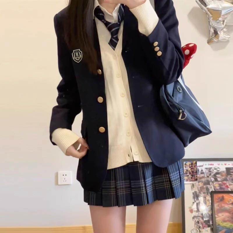 制服コスプレ 金ボタンブレザーとチェック柄スカート学園制服セット