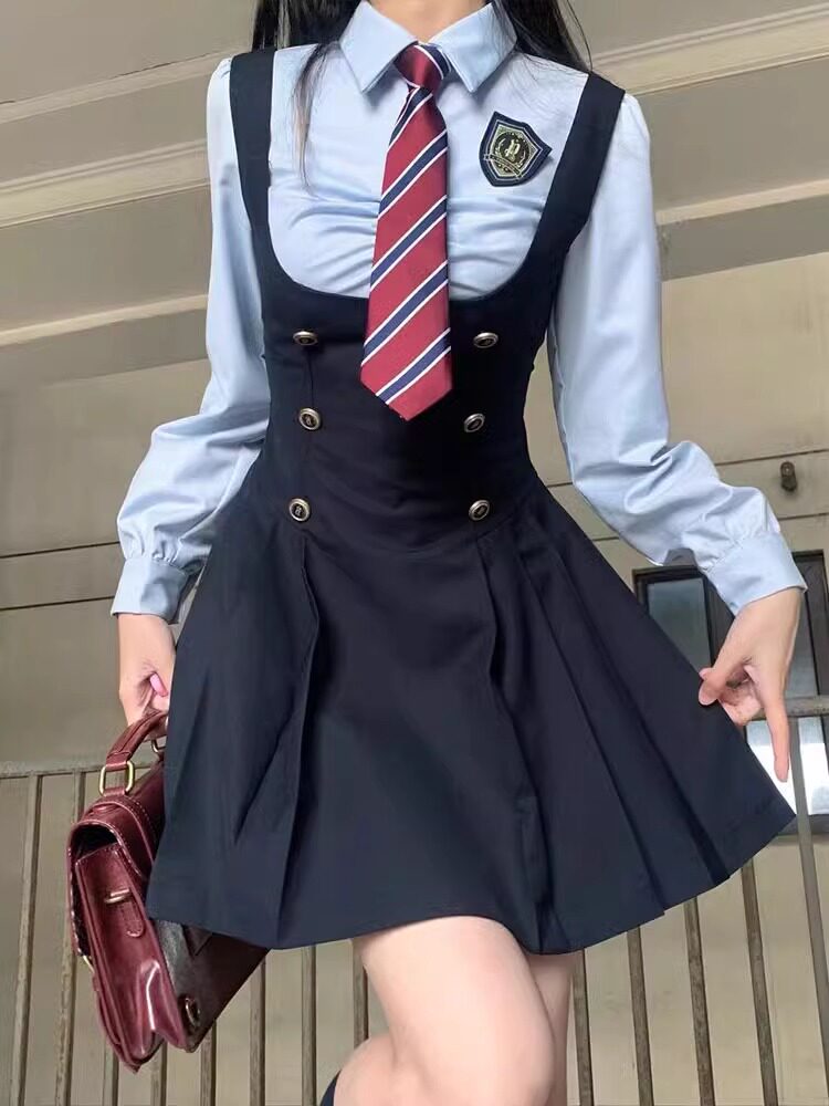ダブルボタン ジャンパースカート付き学園風3点セット