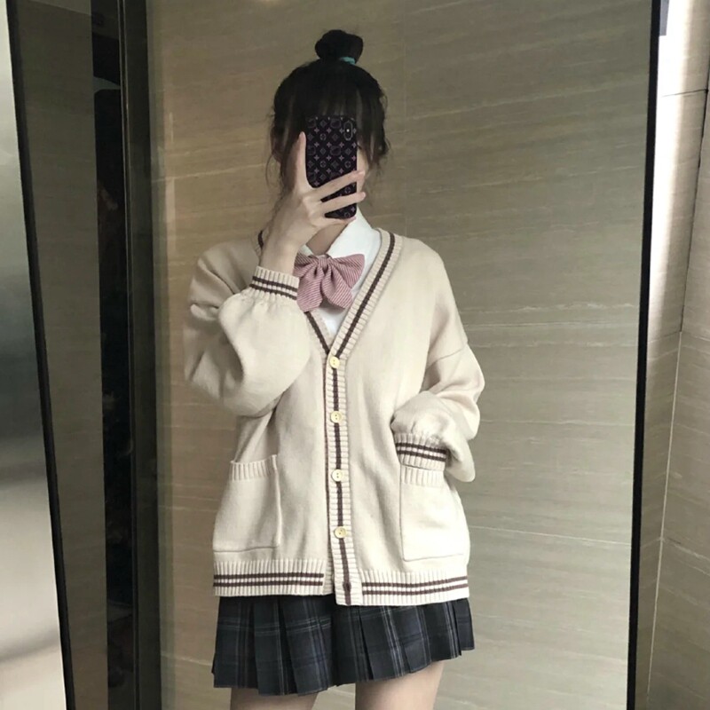 制服セット　ベージュカーディガン+ピンクリボン+チェックスカートセット