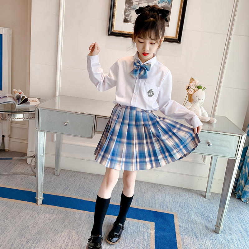 キッズ制服　ピンク／ブルー　チェック柄プリーツスカート＆リボンセット