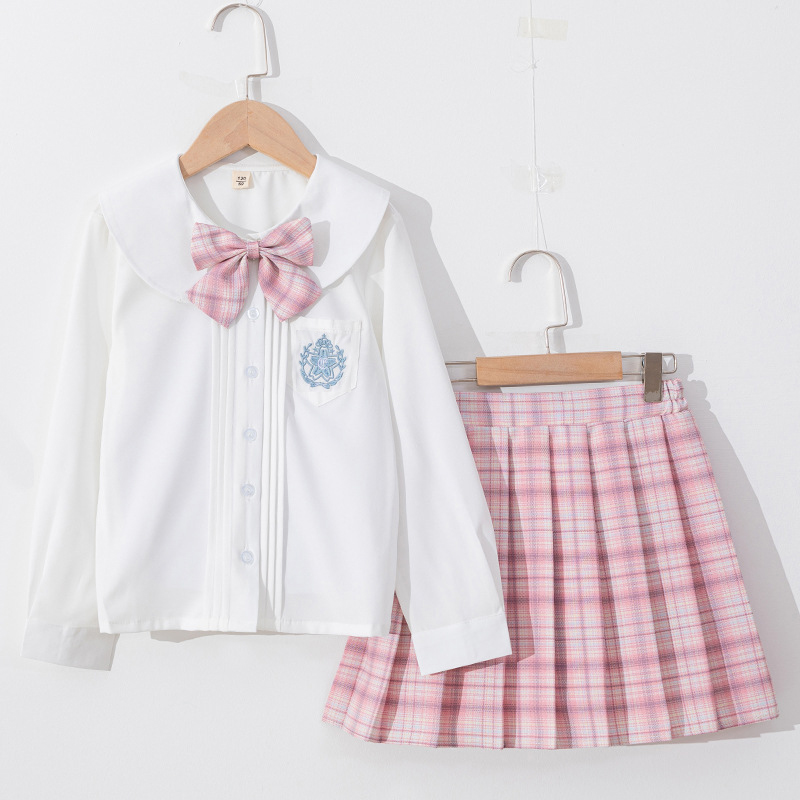 キッズ制服　ピンク／ブルー　チェック柄プリーツスカート＆リボンセット