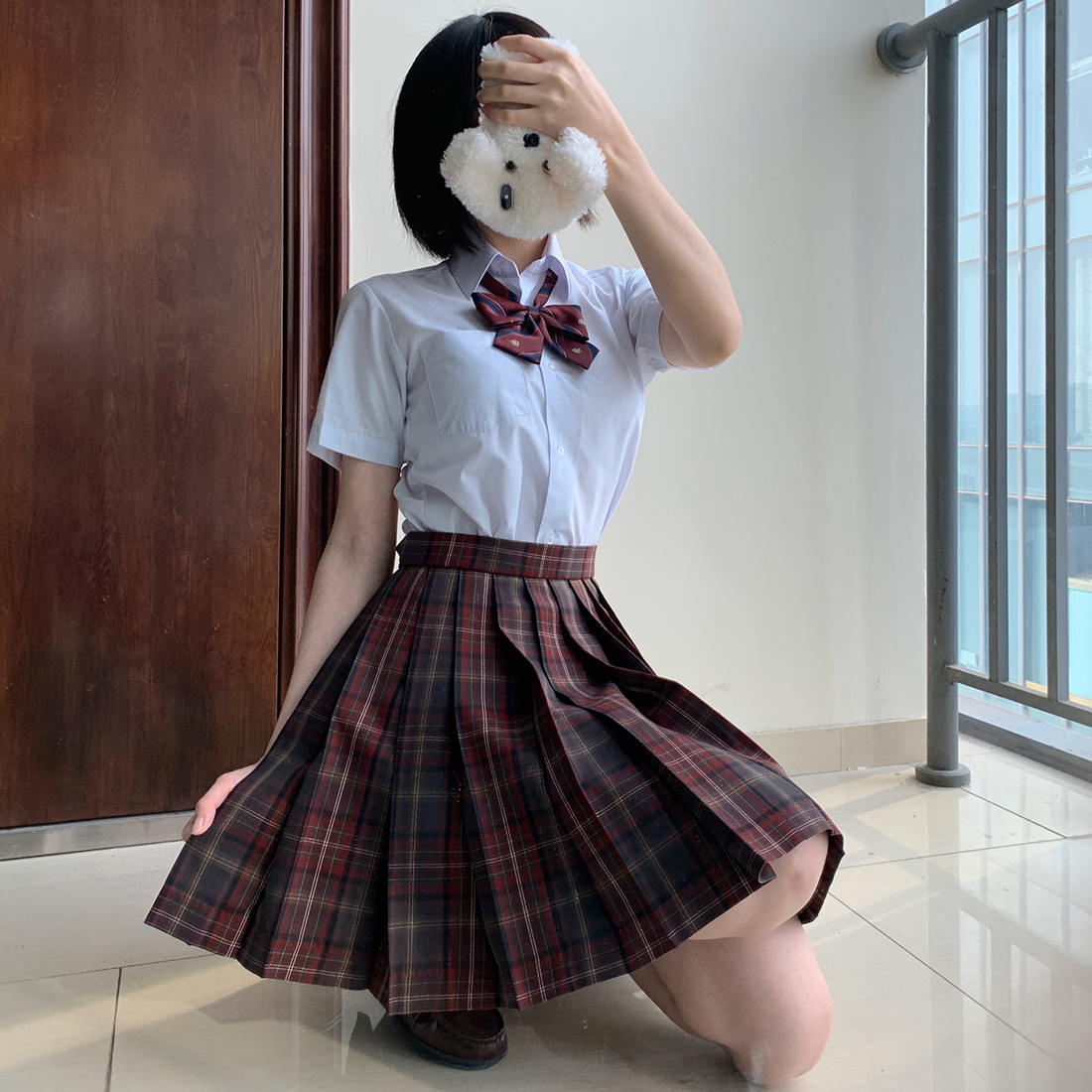 学園風　赤チェック柄プリーツスカート制服セット