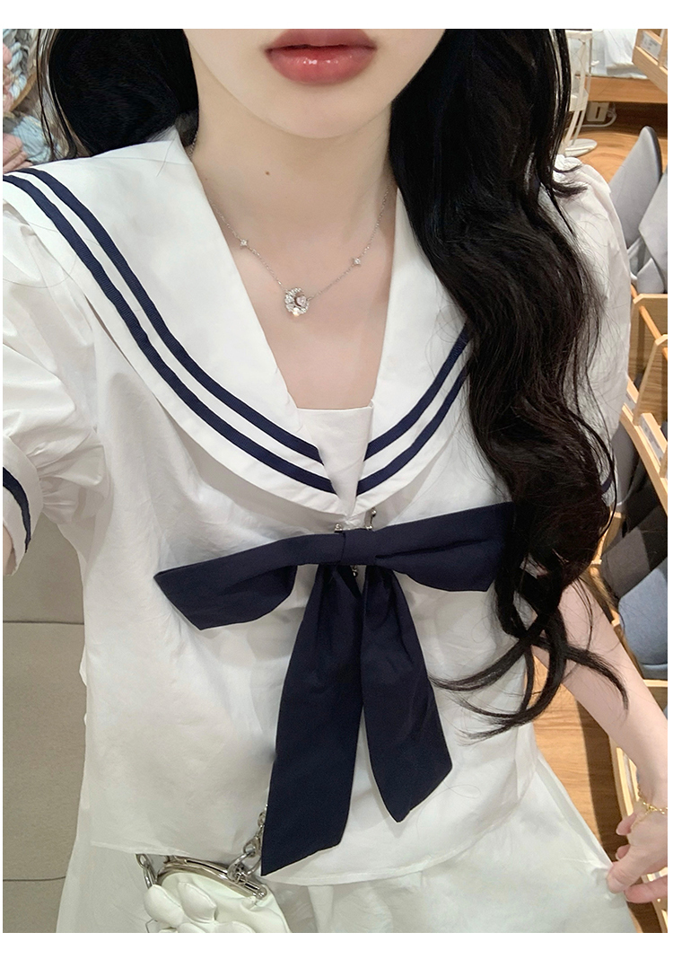 マリン風セーラー服セットアップ　ライトブルー/ホワイト