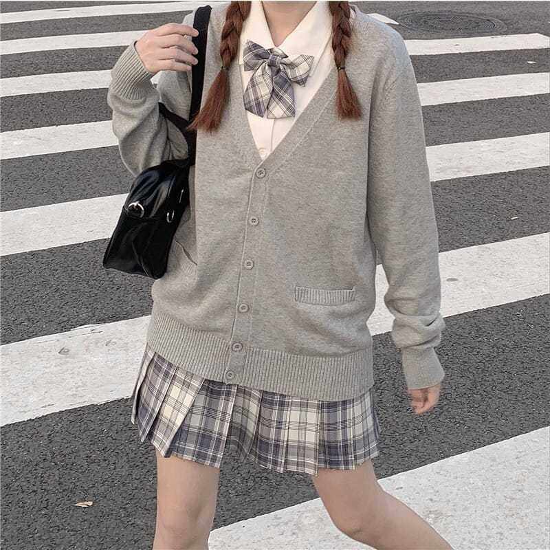 学園風ニットカーディガンとチェックスカートセット