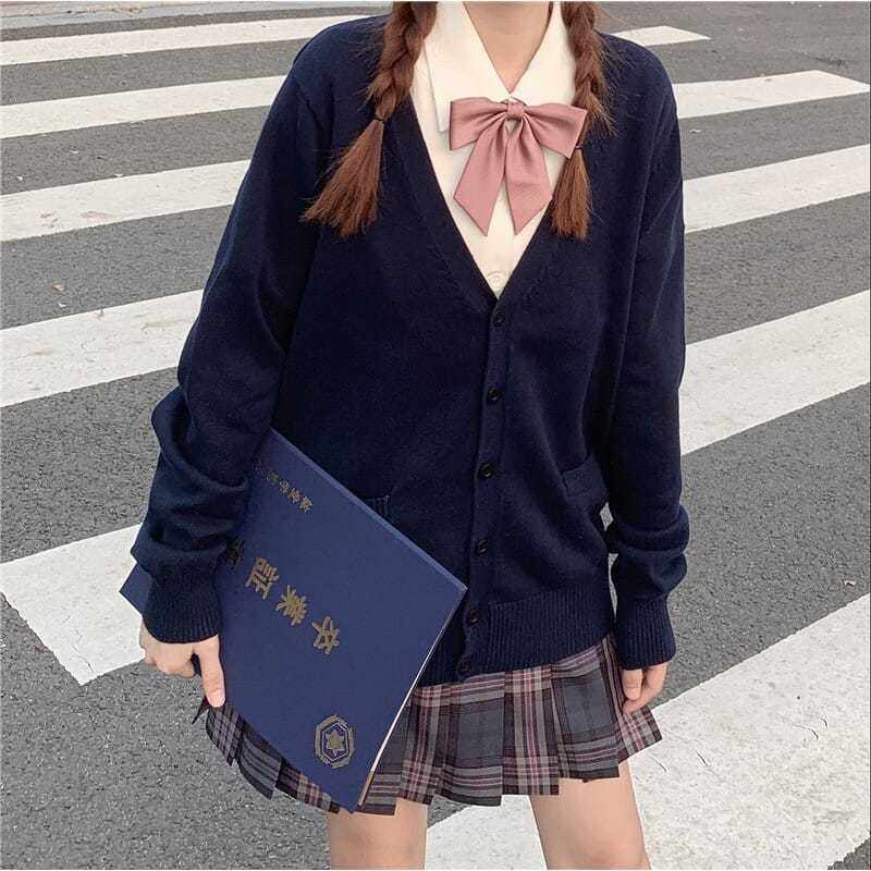 学園風ニットカーディガンとチェックスカートセット