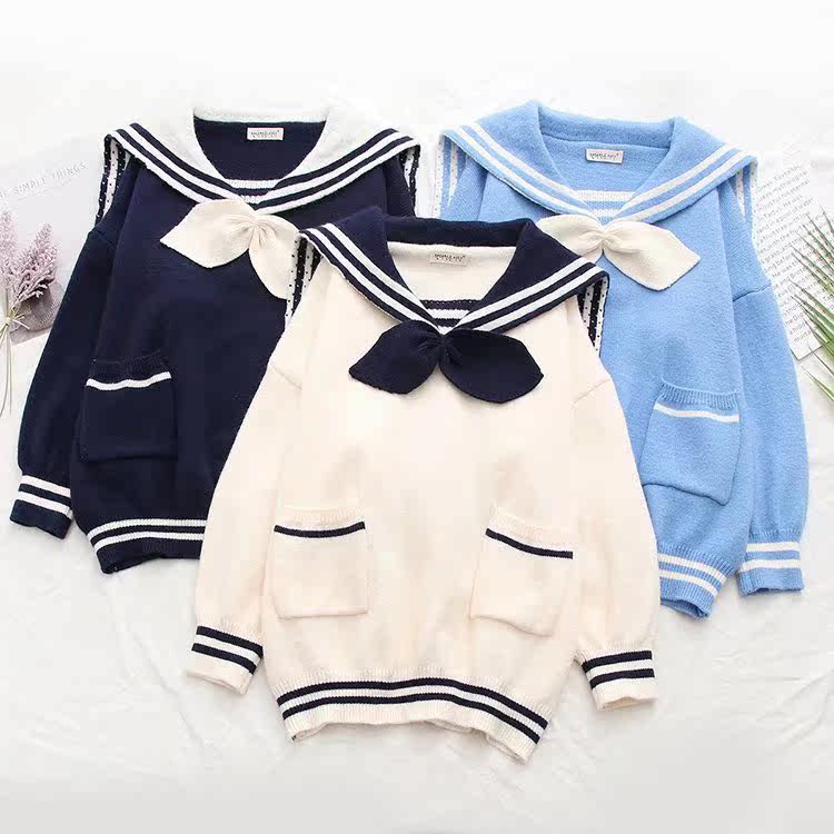 制服コスプレ 二色配色セーラーカラーニットトップス