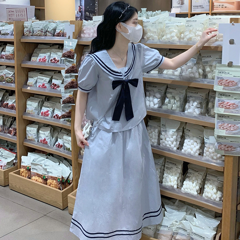 マリン風セーラー服セットアップ　ライトブルー/ホワイト