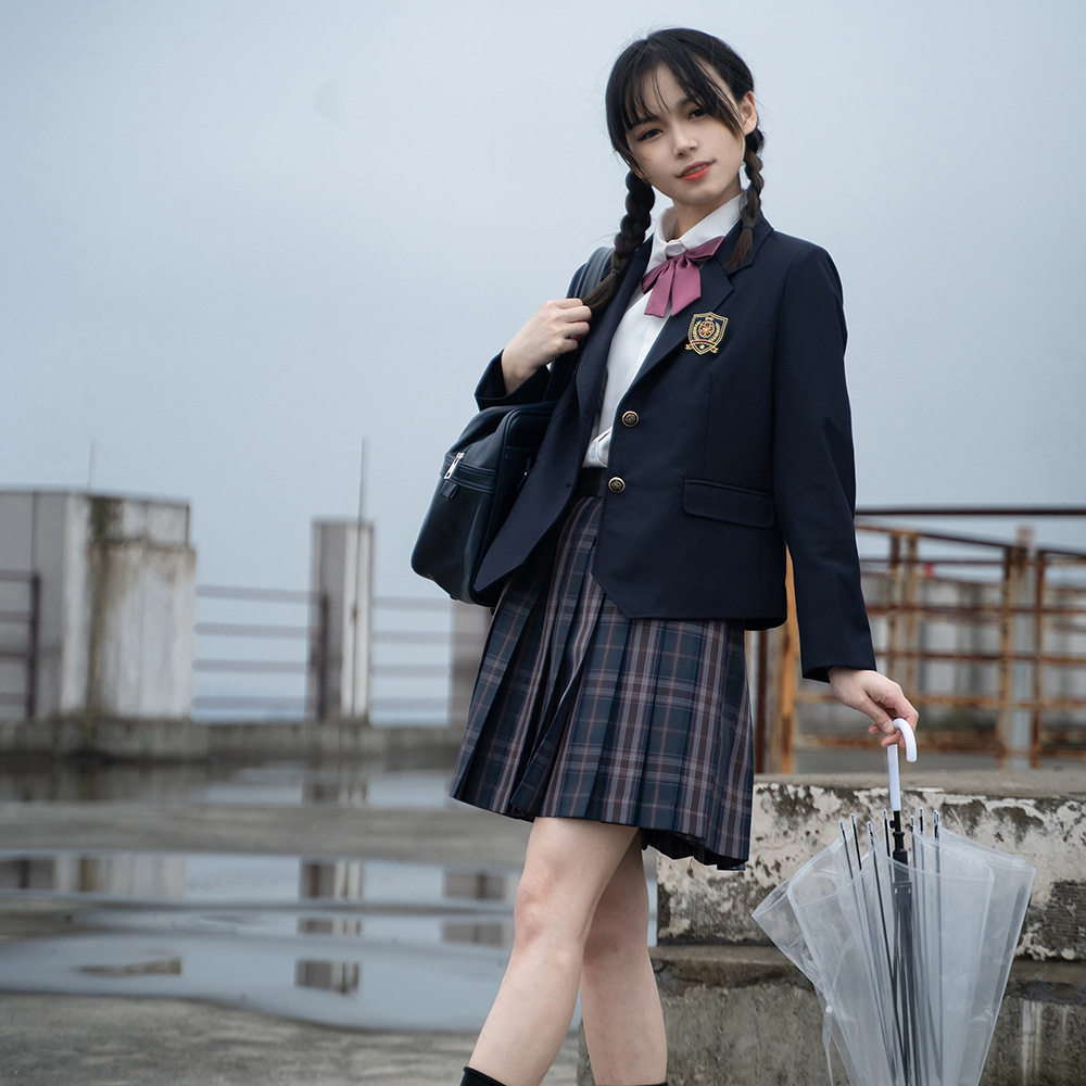 ブレザー制服セット　エンブレム付きジャケット×チェックプリーツスカートセット