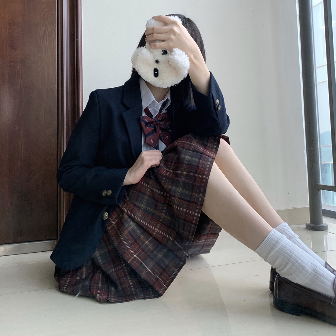 学園風　赤チェック柄プリーツスカート制服セット