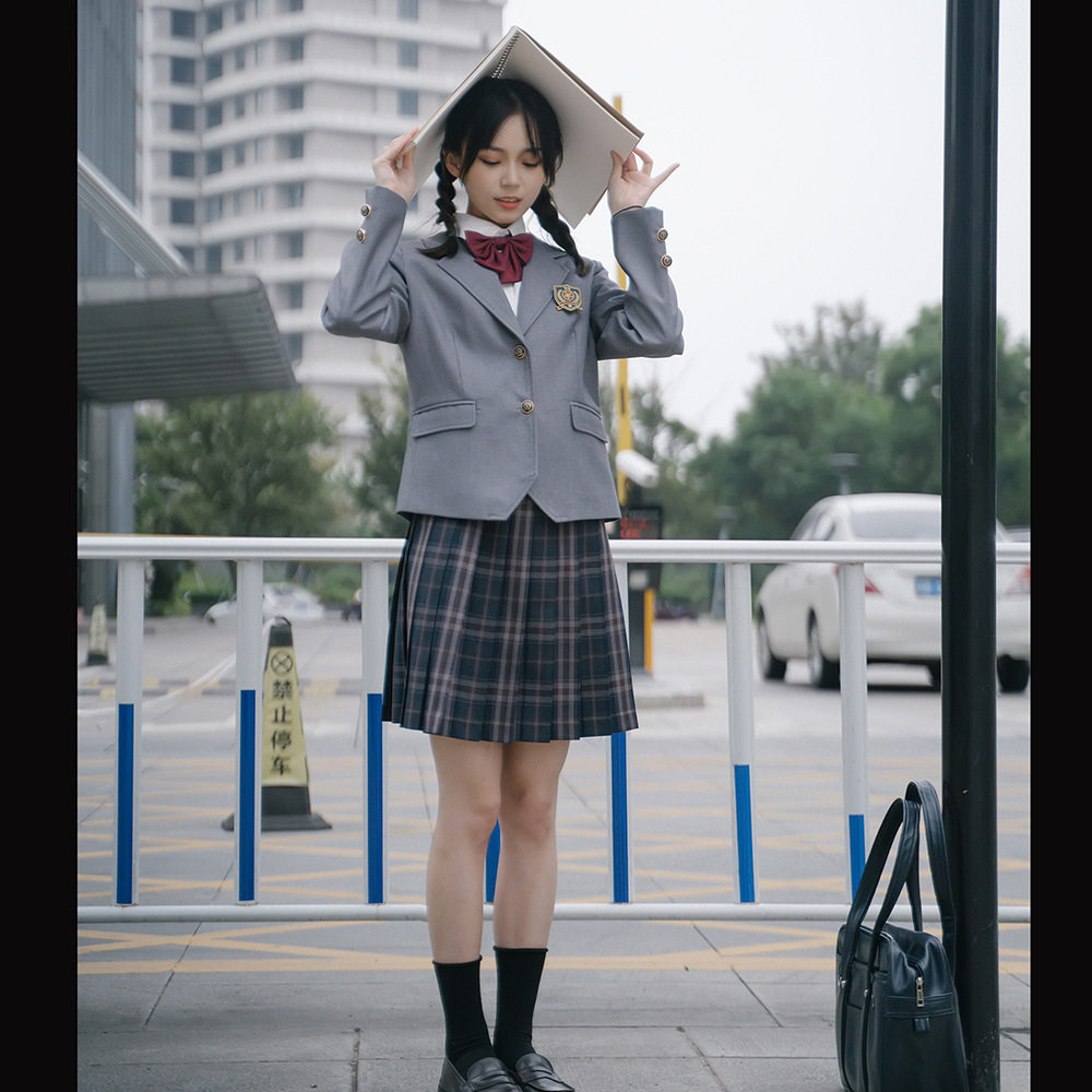 ブレザー制服セット　エンブレム付きジャケット×チェックプリーツスカートセット