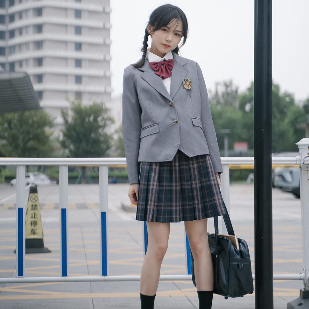 ブレザー制服セット　エンブレム付きジャケット×チェックプリーツスカートセット