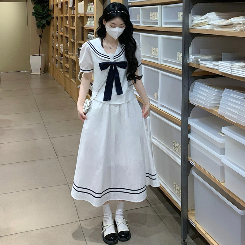 マリン風セーラー服セットアップ　ライトブルー/ホワイト