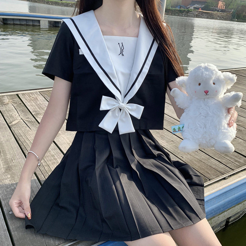 白襟リボン付き半袖セーラー服プリーツスカートセット