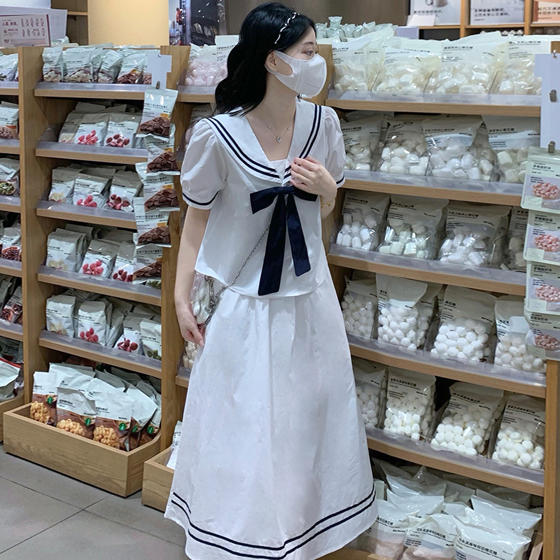 マリン風セーラー服セットアップ　ライトブルー/ホワイト