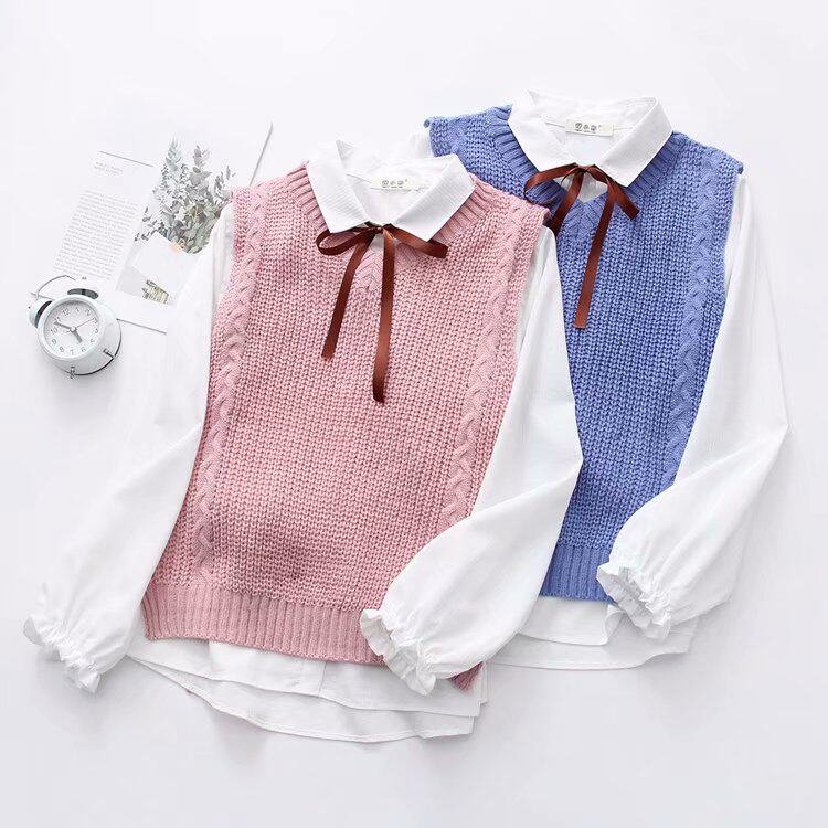 ケーブル編みニットベスト リボン付きフリル袖ブラウス 制服セット