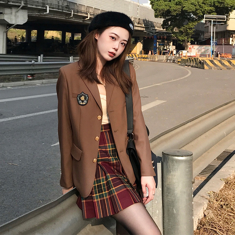 格子柄プリーツスカート付き学院風ブレザーセット