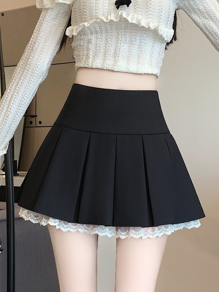 制服スカート 制服スカート レース裾飾り箱プリーツスカート