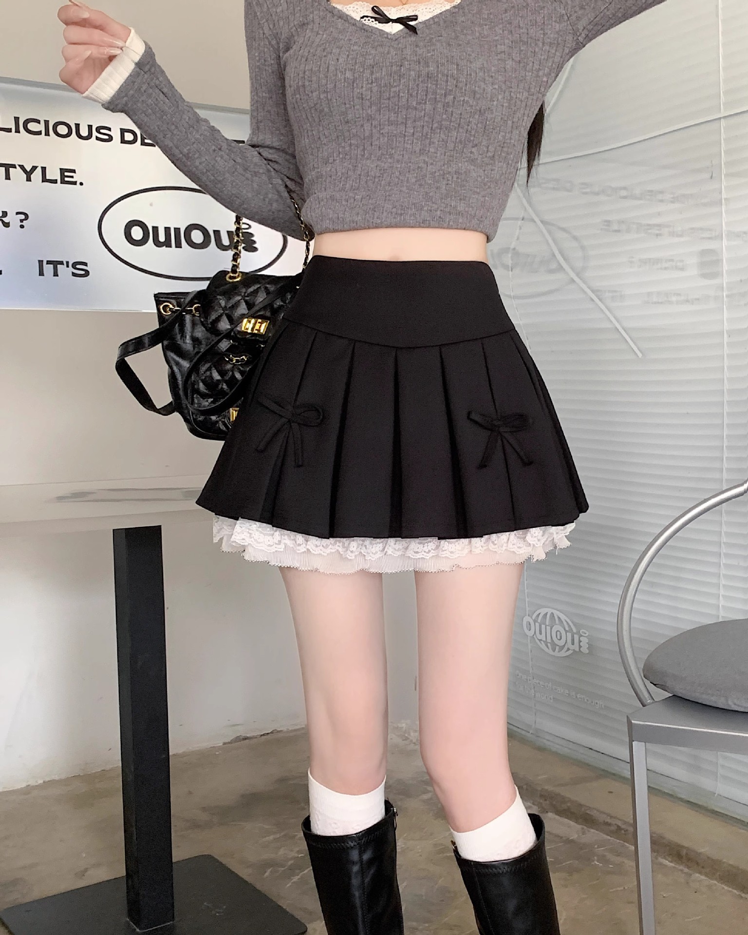 リボン付きプリーツ制服スカート
