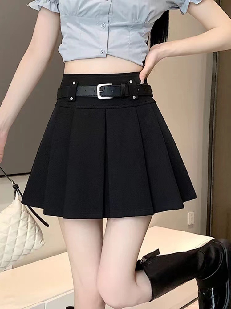 制服スカート ベルト付きボックスプリーツスカート