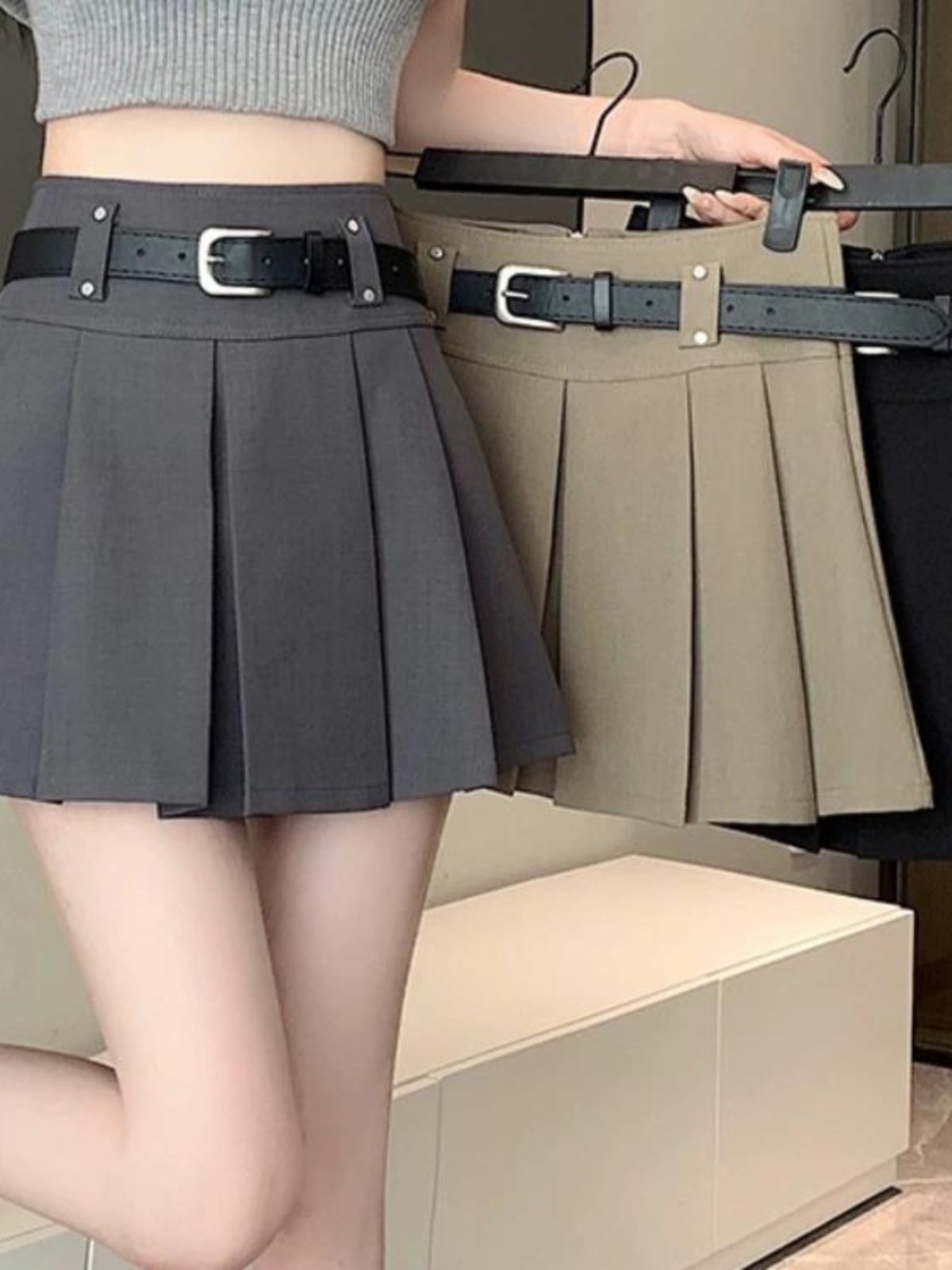 制服スカート ベルト付きボックスプリーツスカート