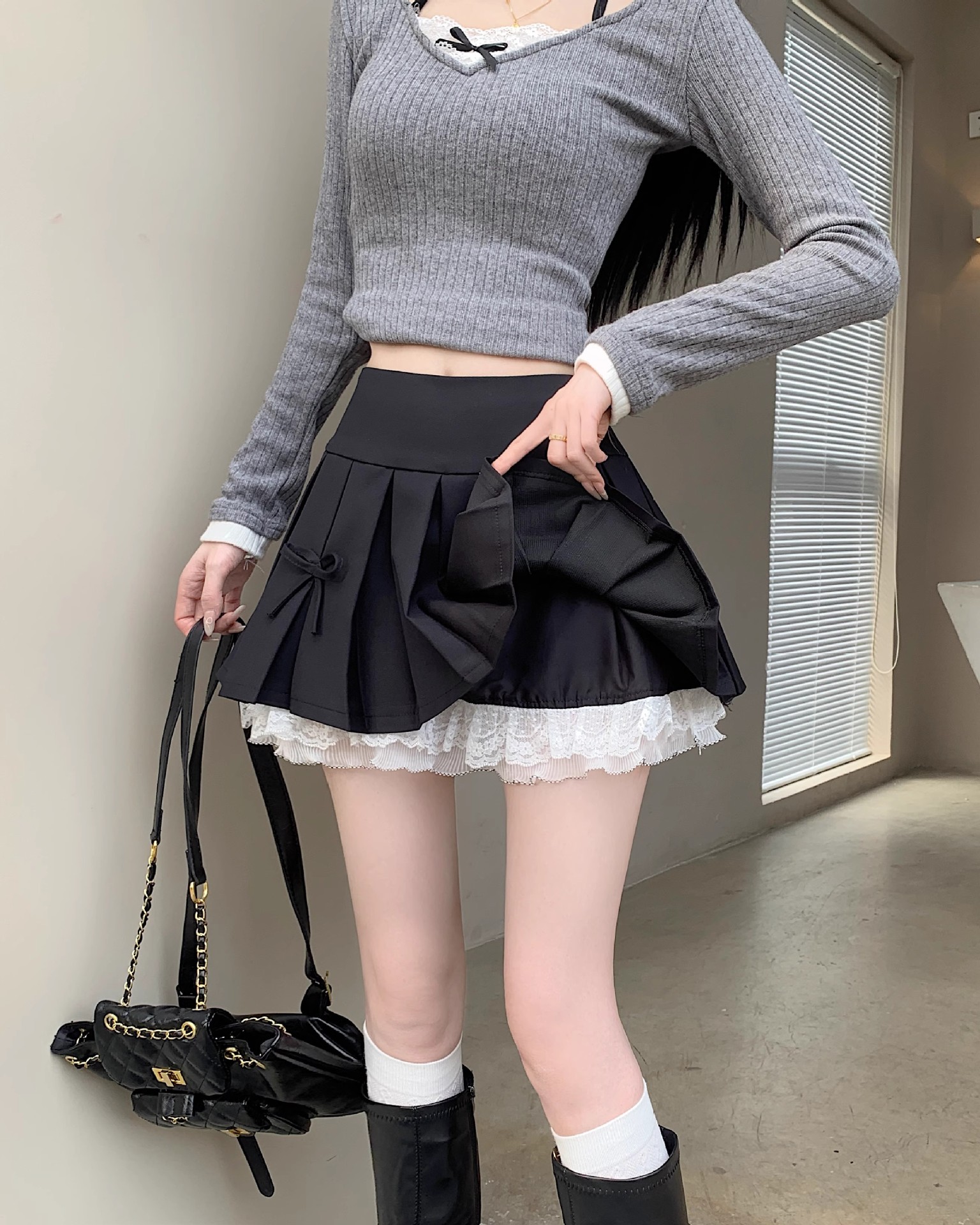 リボン付きプリーツ制服スカート