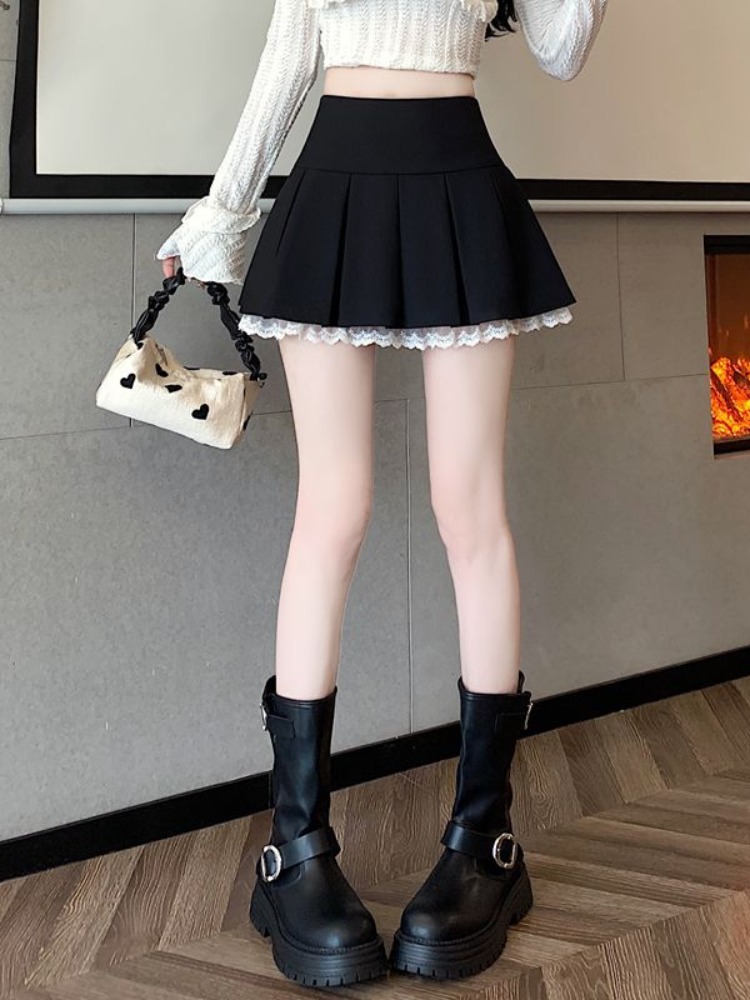 制服スカート 制服スカート レース裾飾り箱プリーツスカート