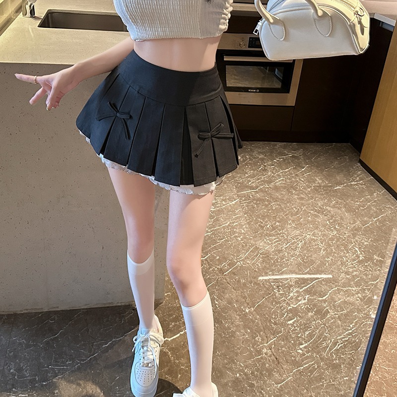 制服スカート 制服スカート リボン付きレース裾プリーツスカート