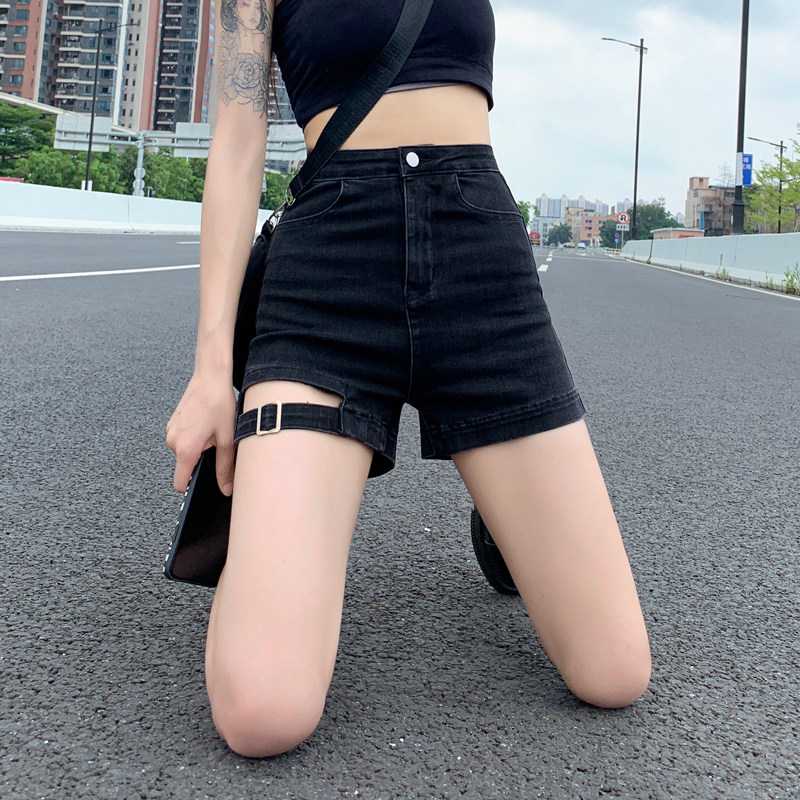 黒ファッション レッグベルトデザインハイウエストデニムショートパンツ