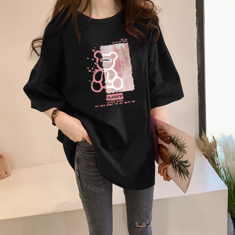 黒ファッション くまグラフィックプリントゆったりオーバーサイズ半袖Tシャツ