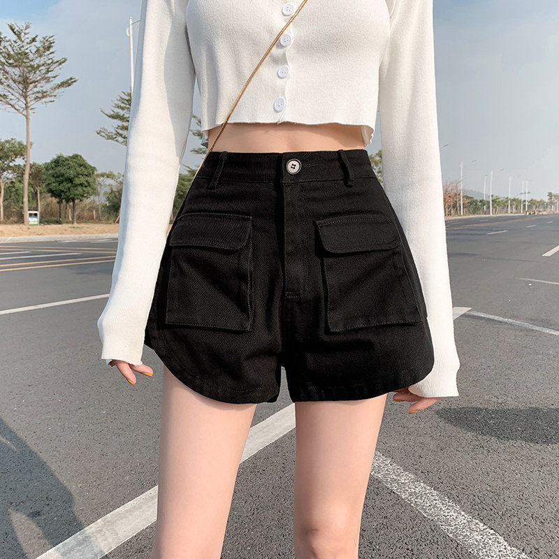 黒ファッション 大容量ポケット付きハイウエストショートパンツ