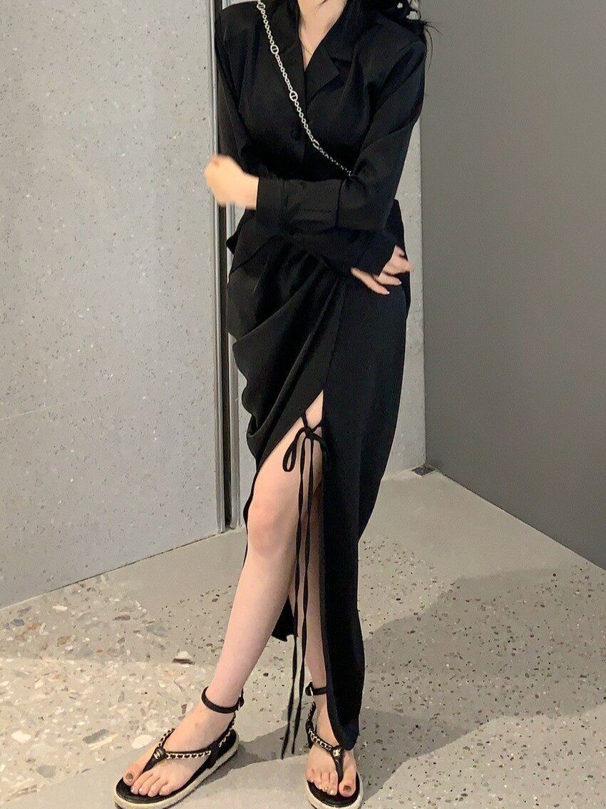黒ファッション サイドドローストリング入りロングタイトスカート