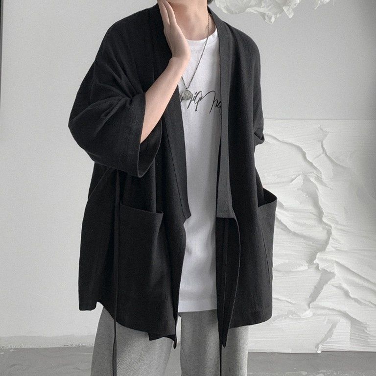 黒ファッション 和風ゆったりショール襟ロングカーディガン