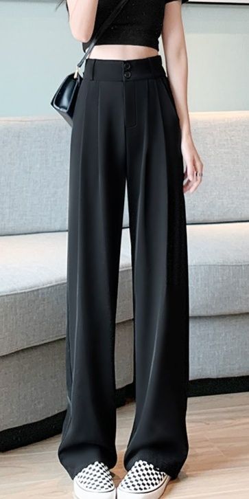 黒ファッション ハイウエストタック入りワイドシルエットパンツ