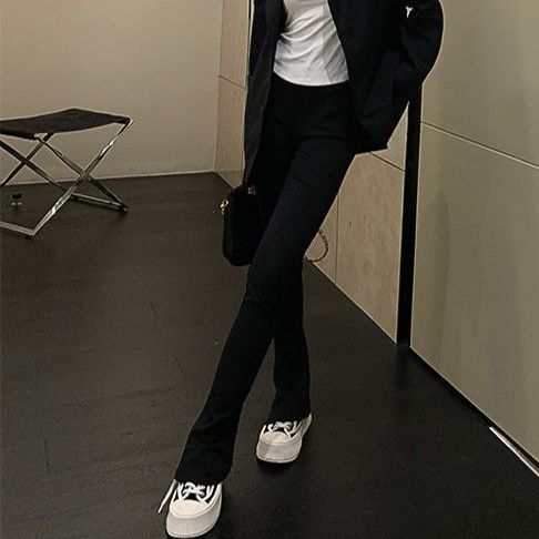 黒ファッション センタープレス入りストレートスリット美脚パンツ